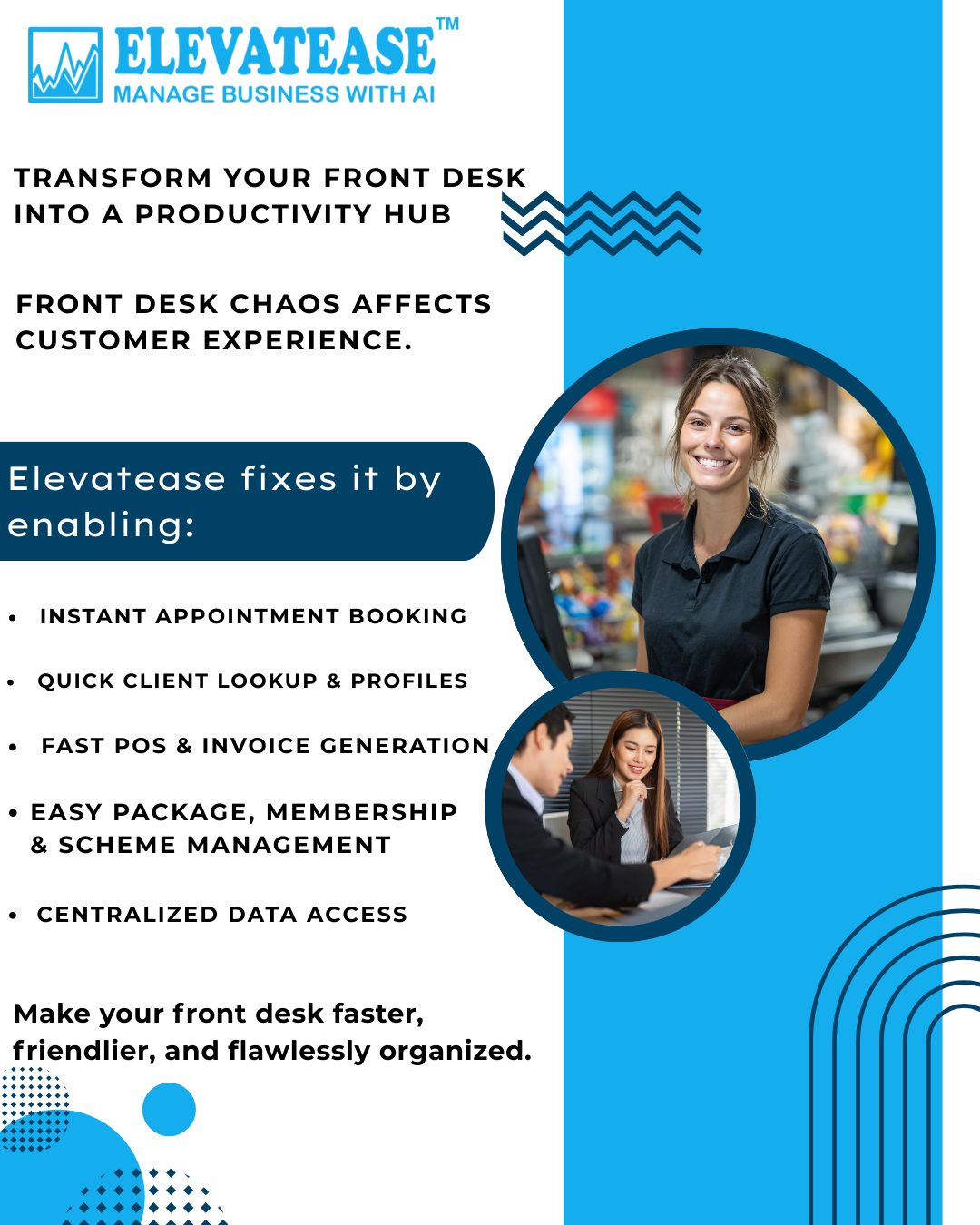 A cheerful receptionist smoothly checks in a client using a tablet with integrated cloud-based management software.